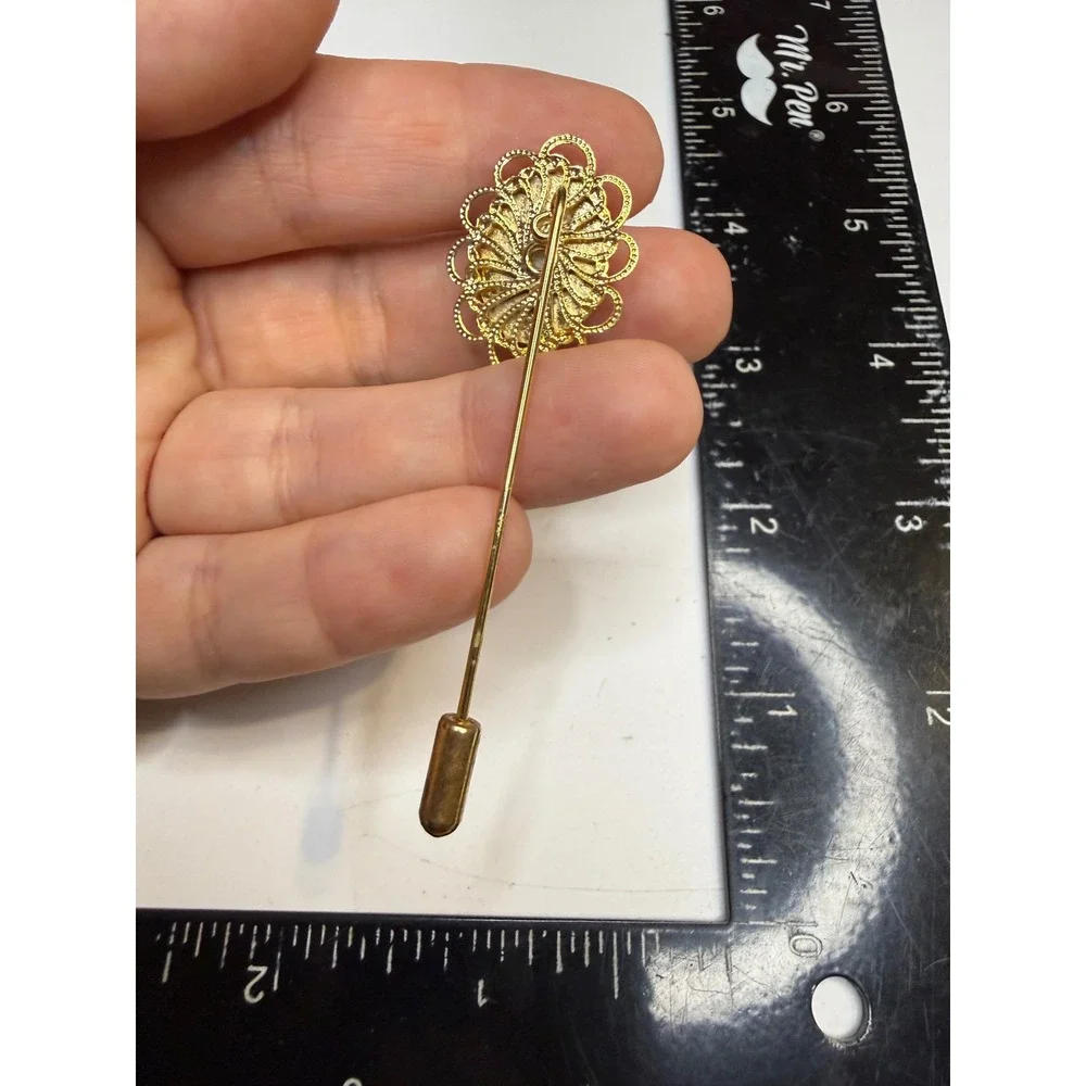 Vintage Gold Tone Blue Floral Porcelain Scalloped Filigree Stick Pin Lapel Hat